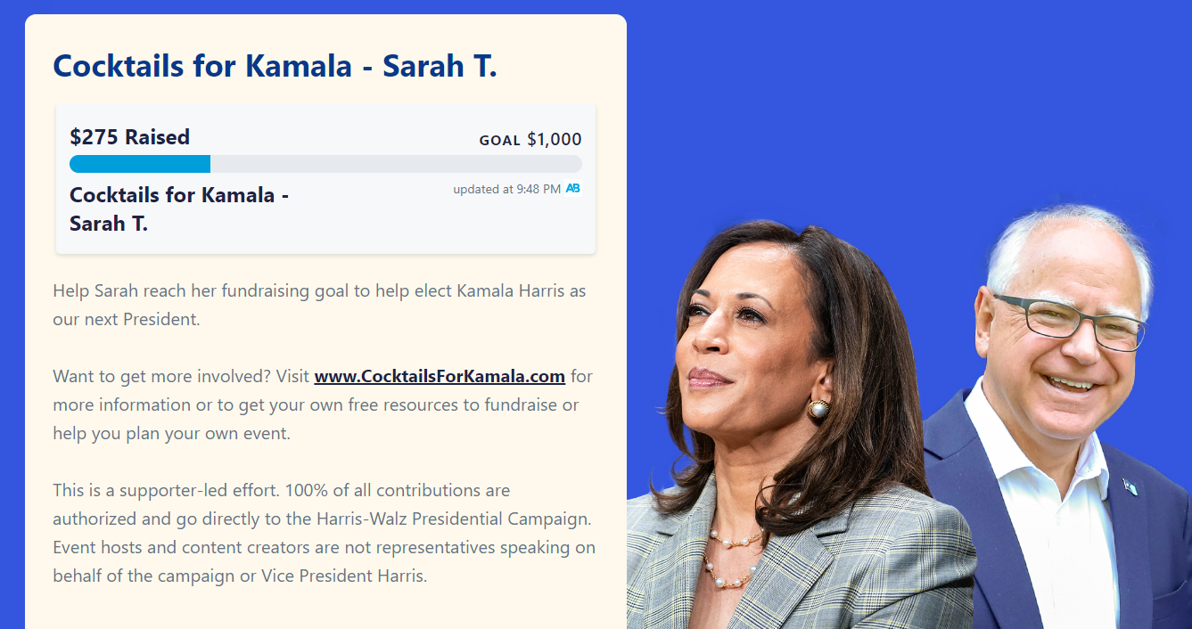 Get your own Cocktails for Kamala or Coffee for Kamala fundraising page.